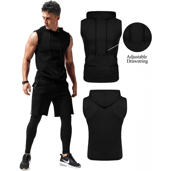AVEKI T-tröjor med huva för män Ärmlösa gymhuvtröjor Bodybuilding Muscle Ärmlösa T-paidat, svart, XL zdq
