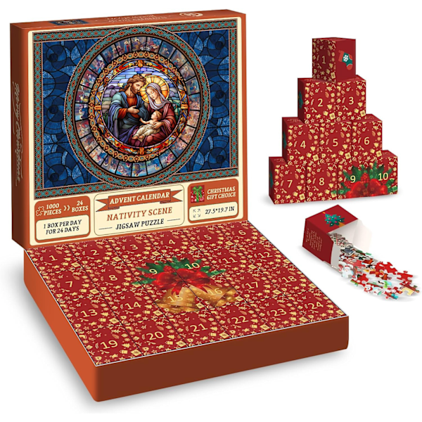 Julkrubbe Adventskalender 2024 Julpussel 1008 Biter for Voksne, Glasmalt Jesuspussel Julnedtellingkalender