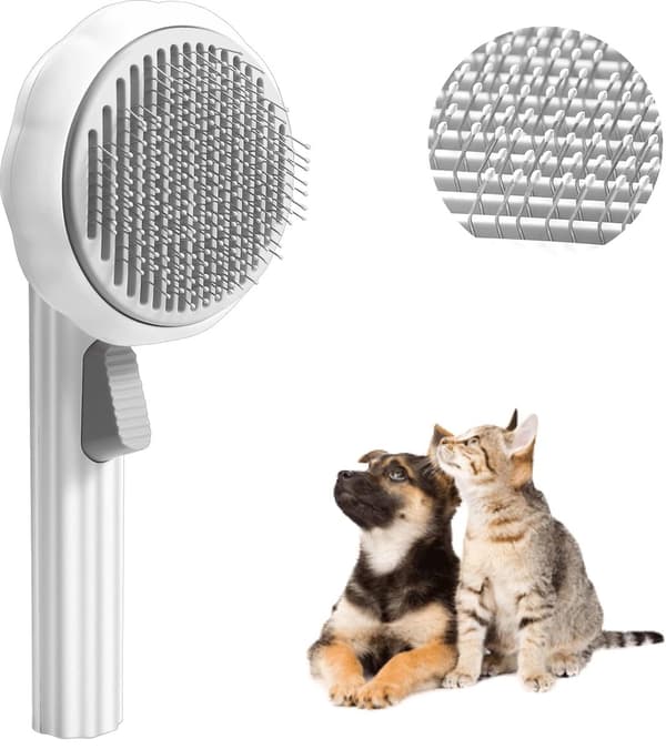 Selvrensende kartebørste til katte og små hunde, fjerner løs underuld og sammenfiltringer til langt og kort hår, hvid