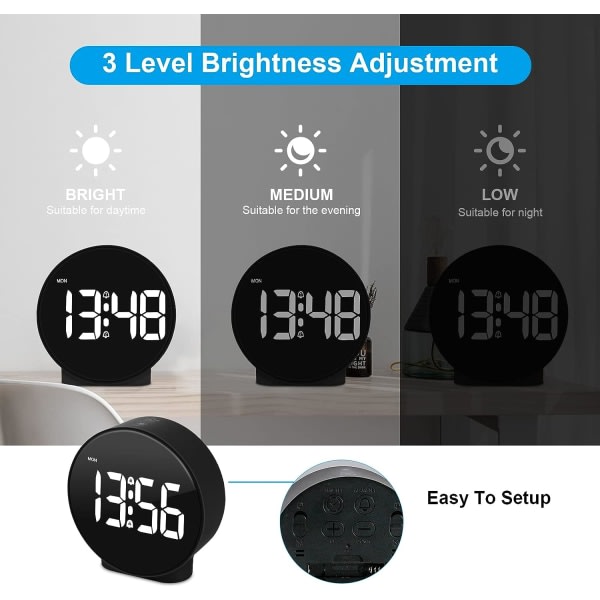 Liten digital vekkerklokke LED-skrivebord Reise Elektronisk klokke Dobbel alarm Snooze Dimmer Sett 12/24H Uke Display 4 tommer