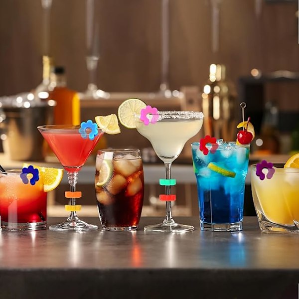24 stk. vinglasmarkører i glas, glasmarkører til drinks, blomsterformede silikoneglasmarkører, farvede vinglasmarkører