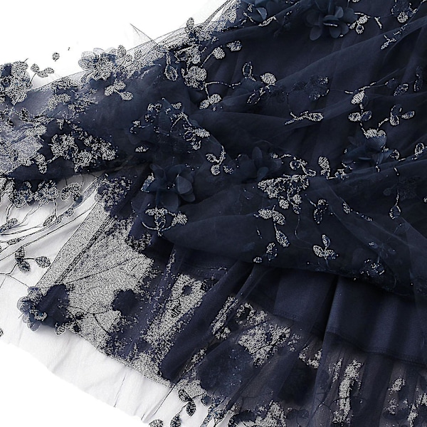 Lang tyllskjørt for kvinner med 3D-blomsterbroderi, ensfarget, høy midje, mesh, midi, svingkjole (marineblå) navy blue