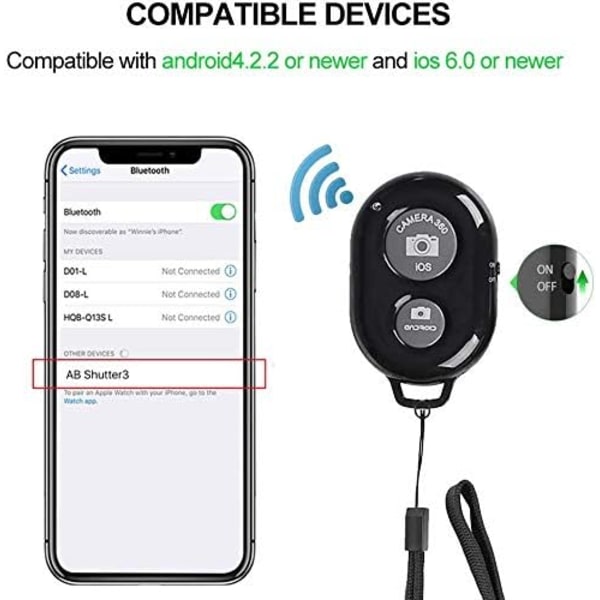 Trådløs Bluetooth-fjernbetjening til telefon iPhone Samsung Andre smartphones Kamera Kompatibel med alle IOS- og Android-enheder - Sort