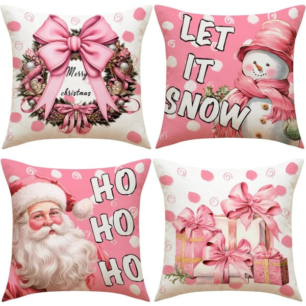 Julkuddfodral 18 x 18 Set med 4 Rosa Snowman Jultomten Julkrans Vinter Semesterkuddfodral Dekorativt
