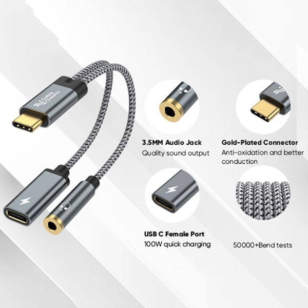CableCreation 60W PD 2in1 USB-C - USB-C/AUX -sovitin Harmaa
