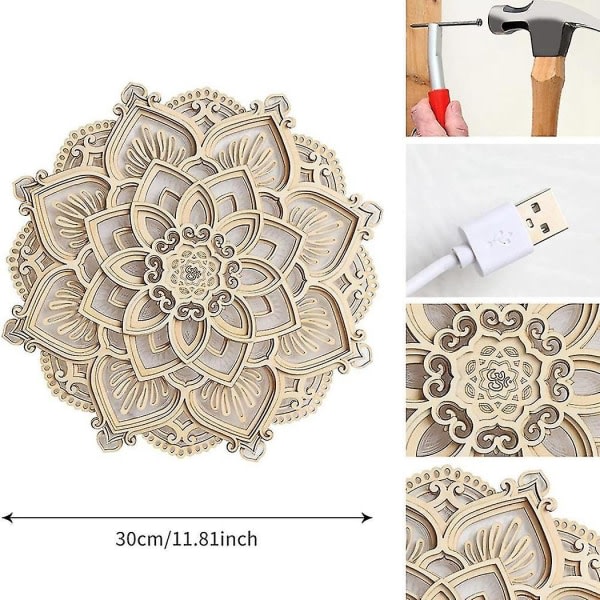 Led Nattljus Modern Väggdekor Med USB portar Elegant trä Mandala Hängande Mdf Paneler Lampa Dec