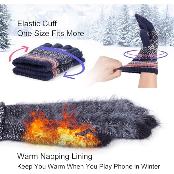 CDQ Vinterstickade handskar Pekskärm Varma termisk snömønster Handskar Mjukt foder Elastikk håndteres for kvinner män, marinblå