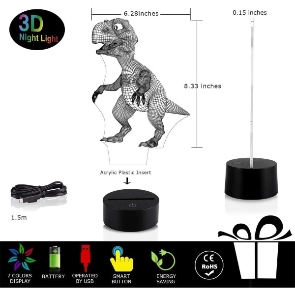 3D Nattlampa Dinosaurie Lampa Sovrumsbordslampa Atmosfärslampa LED Sänglampa Kreativ present Fjärrkontrolllampa