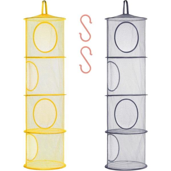 Vikbar hängande lagring Mesh Space Saver Bags Organizer, fack Hängande gosedjurslagring for barn, 2Pack (4-vånings-gul og grå)