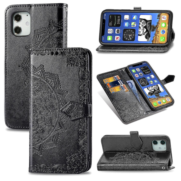 Yhteensopiva med Iphone 12- case Cover Emboss Mandala Magnetic Flip Protection Stötsäker - Svart null none