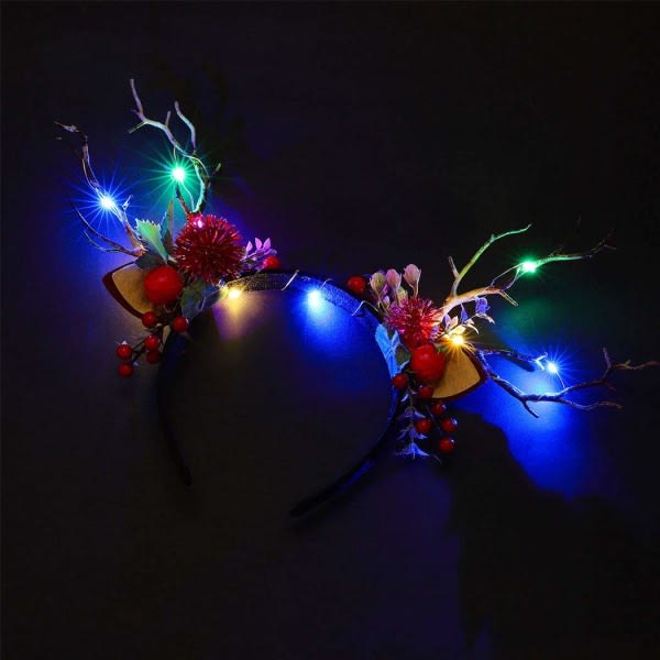 Julpannband LED Glödande Renhorn Hårband Blomma Bär Hårband Glödande hår Dekoration Julfest Kostymer
