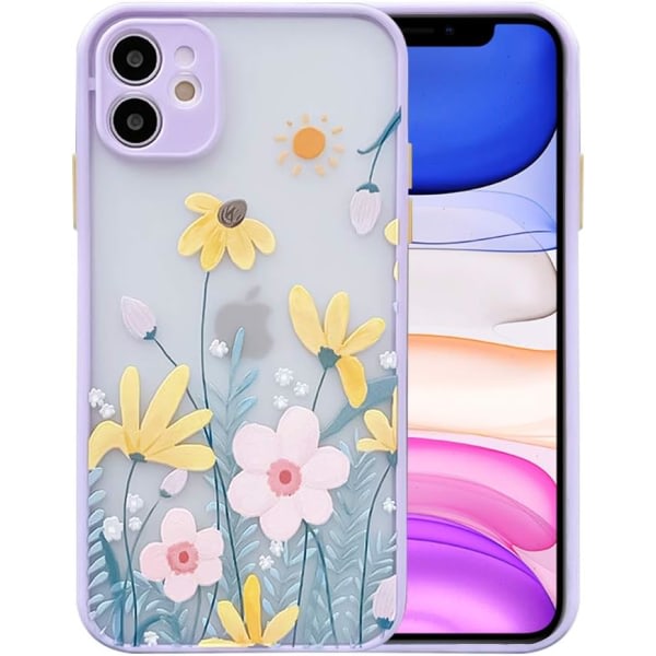 Yhteensopiva iPhone 11 - case genomivalkoiselle blommönster Frostad PC-baksida 3D-blommiga tjejer kvinna och mjukt TPU- case(12pro, sininen) CDQ