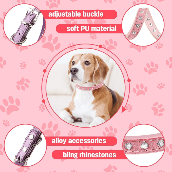 3-pack strass hundhalsband med kristalldiamanter, dubbelt PU-läder, justerbart, bling husdjursutseende (rosa+lila+svart) 30*1,5 cm CDQ