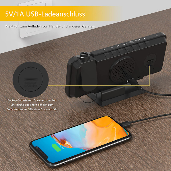 Versatile Projection Alarm Clock, Digital Clock with Large Mirror LED Display & Adjustable Brightness, USB Charging & Dual Alarms, Memory & Night Mode