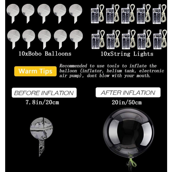 10-pack LED-ilmapalloa, 20 tuuman kirkkaat helium-bobo-ilmapallot, hehkuvat kuplailmapallot valosarjoilla ystävänpäivään, värikäs