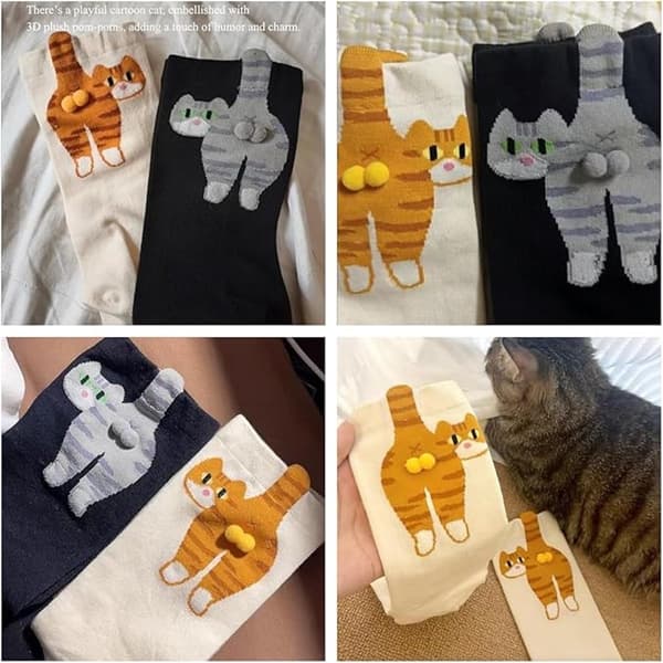 Roliga 3D Kattsockor för Kvinnor, Bekväm Bomull, Presenter till Kattälskare, 4 Par
