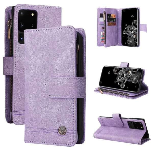 Case Samsung Galaxy S20 Ultra 5g Läder Flip Case ja kreditkortshållare Pengarficka Magnetiska knappar Case Kickstand Sho Purple A