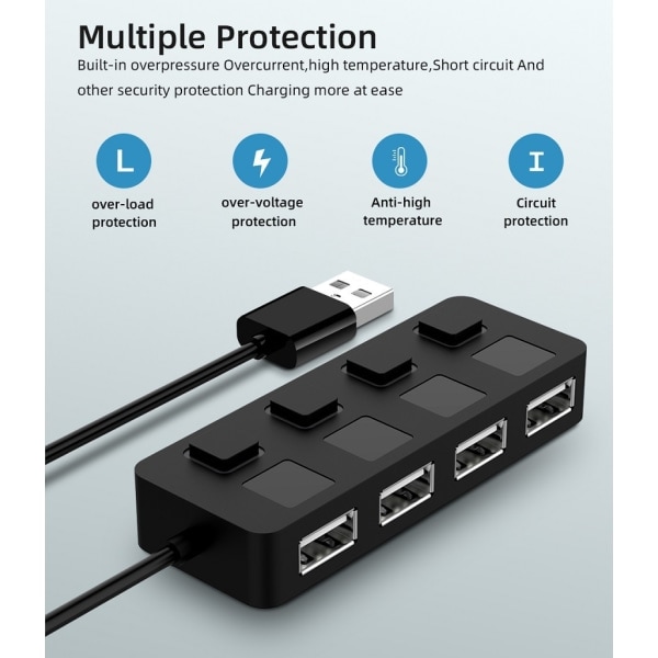 4-portars USB 2.0-datahubb med individuella LED-belysta strömbrytare [laddning stöds INTE]