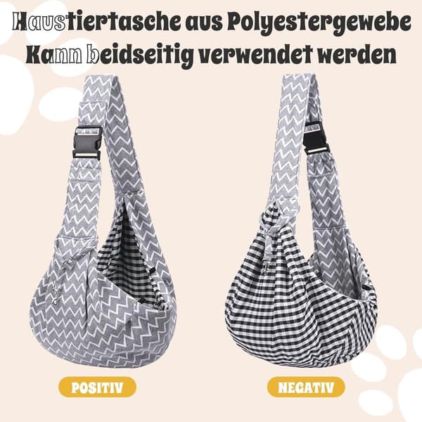 Hundebæresele, vendbar polyester, justerbar rem og frontlomme, til små hunde og katte op til 7,5 kg, grå zigzag