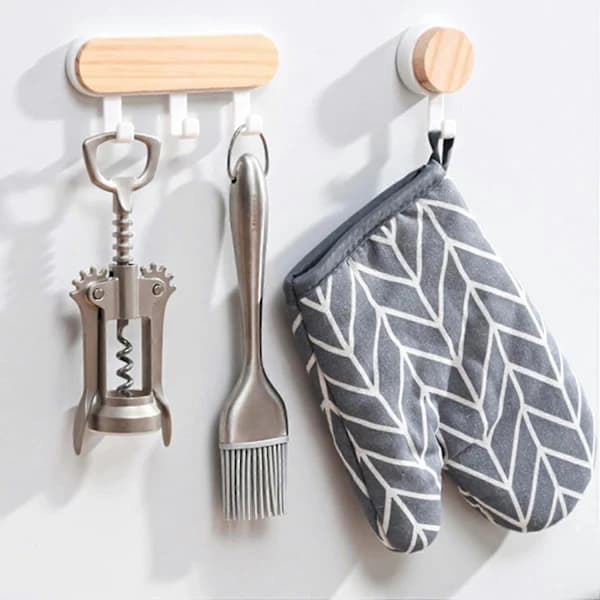 Self-Adhesive Wooden Hook for Wall, Multifunctional Hanger for Keys, Towels, Clothes, White - 3-pack
