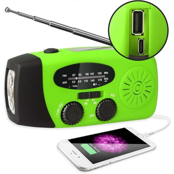 Vevarradio med solceller, ficklampa och 2000mAh powerbank green