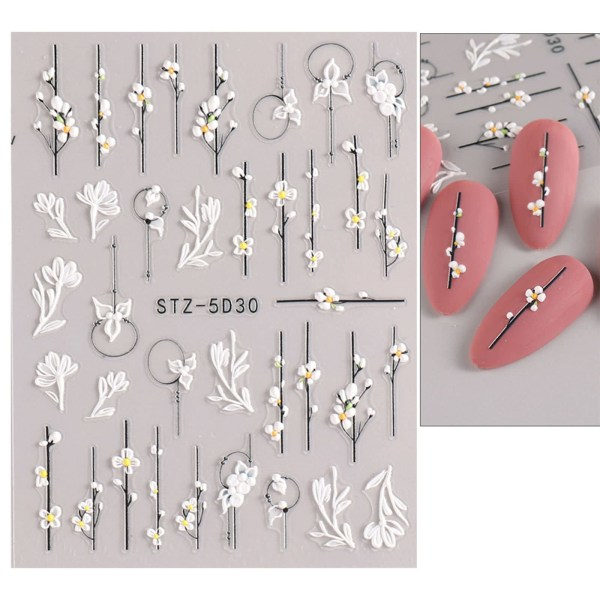 3D-präglade blommor vår Nail Art Stickers Dekaler Självhäftande 5D Sommar Färgglada blommiga nageltillbehör Dekoration Tillbehör 4 ark