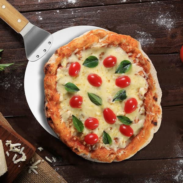 Pizzaspade i rustfrit stål - Rund, med træhåndtag, ø25,5 cm - til pizza, brød, grill, ovn - Brun/Sølv