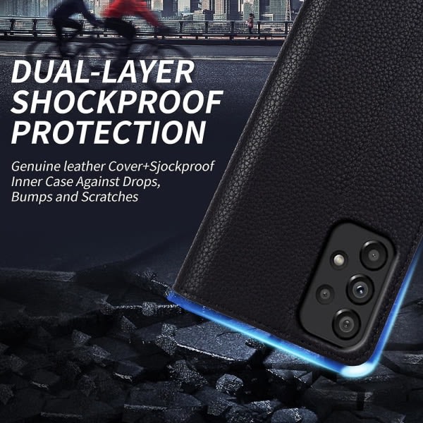 För Samsung Galaxy A73 5g Litchi Texture Äkta Kohud Läder+tpu Stativ Plånbok Magnetisk phone case Musta