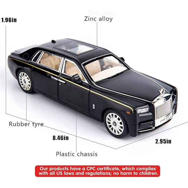 1/24 Rolls-Royce Phantom -mallin auto Zinklegering Vetoauto Leikkiauto äänellä ja valolla Lapsille Poika Tyttö Lahja (musta) St-001 (FMY)-Perfet