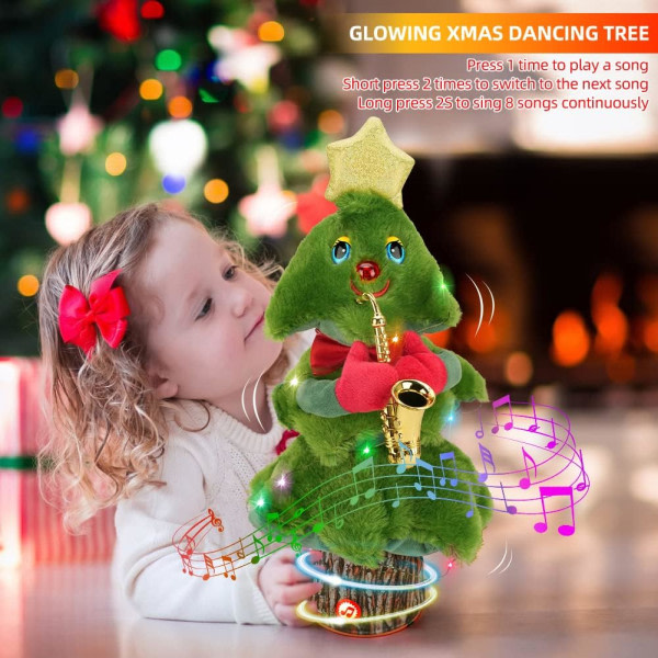 Sjungande och dansande julgransplyschleksak med musik och ljusElektrisk fylld leksak Svänga och sjunga med saxofonmusikdekoration 14 tum.