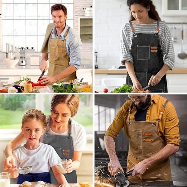 Grillforkle med justerbar kryssryggstropp og 3 lommer for menn og kvinner Matlaging Baking Restaurant Hagearbeid Brun