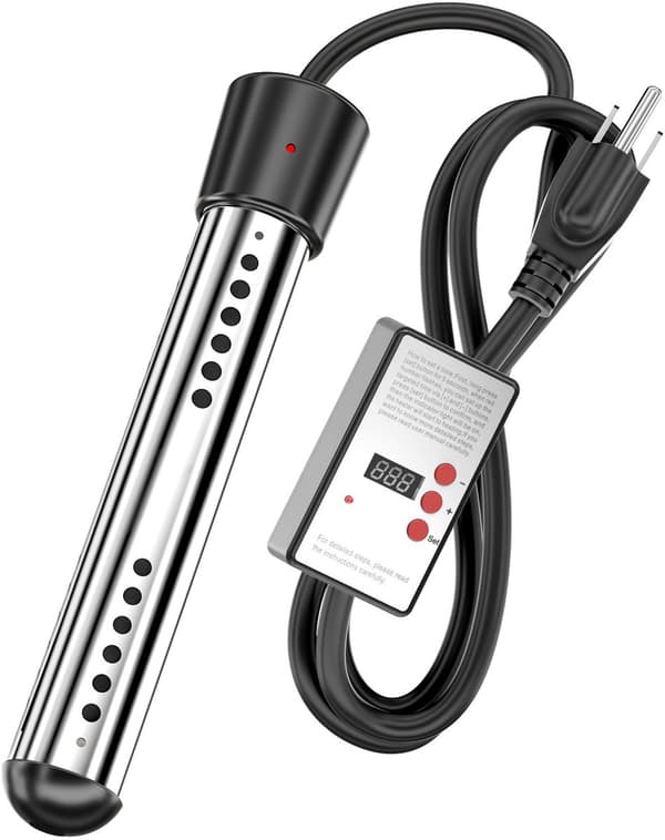 1500W nedsenkningsvannvarmer med justerbar timer, varmeelement i rustfritt stål, overopphetingsbeskyttelse for bøtter, kar og camping