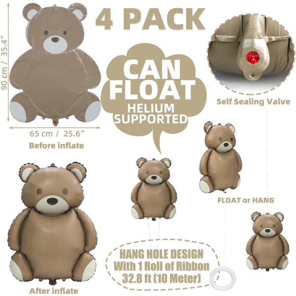 4D 35'' stora bruna björnballonger Tecknad nallebjörn festtillbehör, 4-pack matt björn Helium Mylar folieballonger för Jungle Woodland