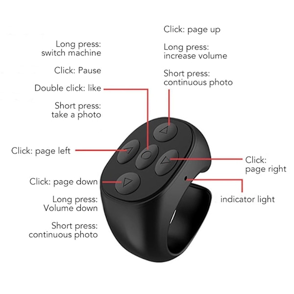 Trådlös Bluetooth-ring för fingertoppsscrollning, fjärrkontroll för telefonapp, sidvändare Black