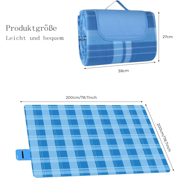 Suntric picknickfilt 200 x 200 cm, vattentät picknickfilt, picknickmatta med bärhandtag, värmeisolerande fleece, vattentät, utomhusstrand