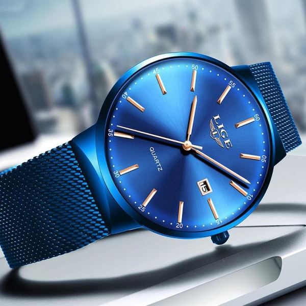 Julegaver Herreklokker Svart Smal klokke i rustfritt stål Mote Enkel klokke for menn Business Wear Analog Quartz Klokke Svart blå