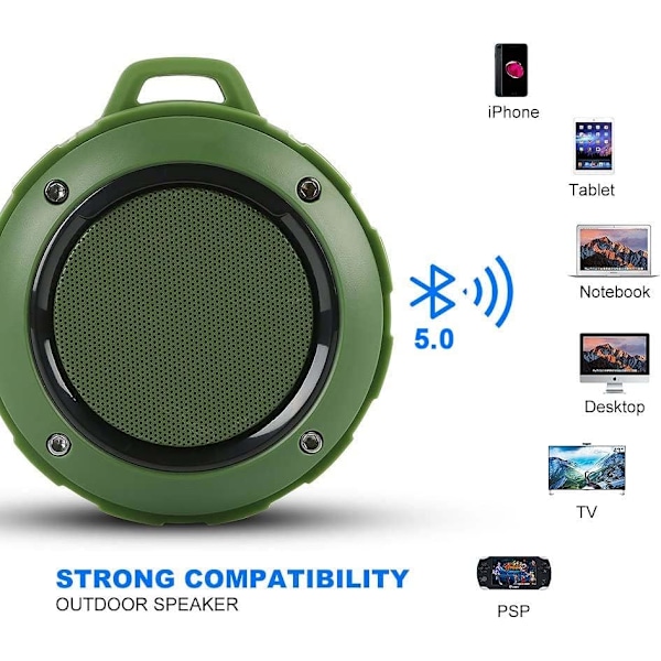 Vedenkestävä Bluetooth-kaiutin ulkokäyttöön, Langaton kannettava mini-suihku- ja matkakaiutin subwooferilla, Parannettu basso, Sisäänrakennettu mikrofoni Green