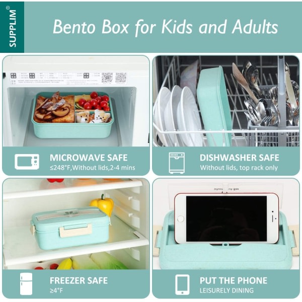 CDQ Bento Box För Barn Vuxna Lunchbox Med 3 Fack, Vete pinkki