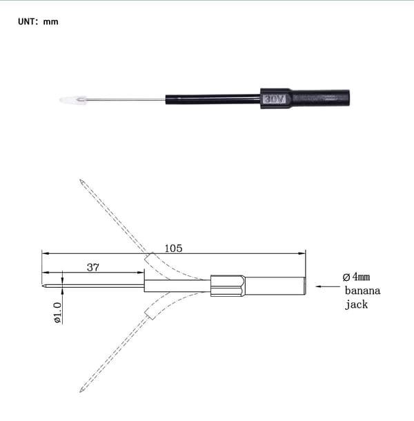 Tehtuy 4-delars bakprobssats - Flexibla 1 mm testnålar med 4 mm banankontakt - För bildiagnostik