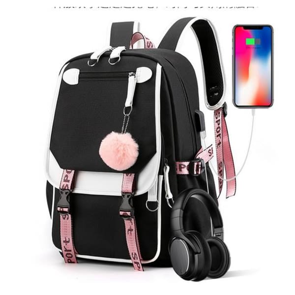 Svartrosa ryggsäck med hörlursport, USB laddningsförstärkare