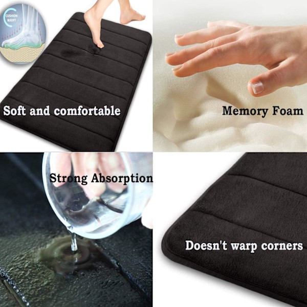 Badeværelsesmåtte i memory foam, skridsikker, absorberende, superhyggelig, fløjlsblød, supervandabsorberende, tyk, sort Svart Black Black 17 X 24 inches