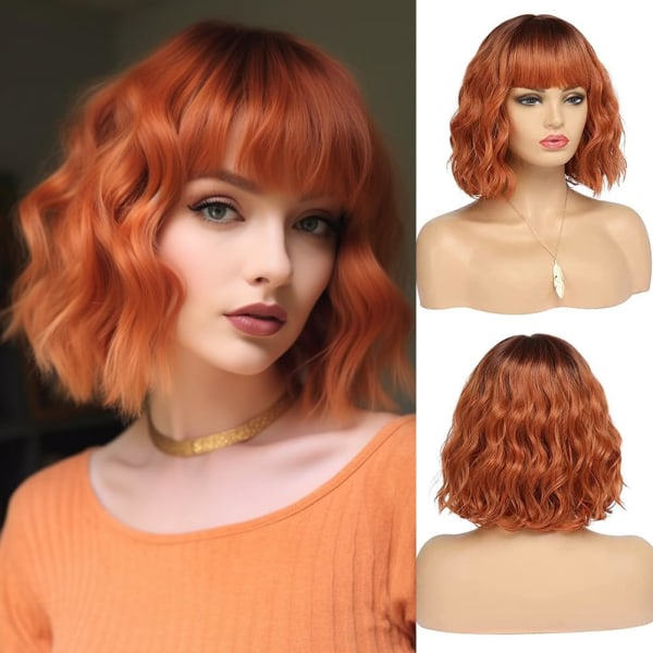 Kort kobberrød parykk for kvinner Fox Red Wig Ombre Red Dark Root Culy Bob parykk med lugg Ingefærhår Parykk Bølgete syntetiske parykker (12 tommer)