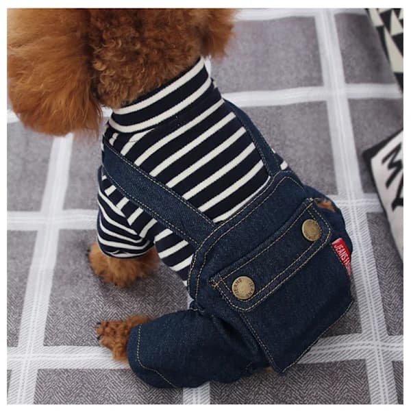 Hvalp Dyretøj Bamse Lille Hvalpetøj Forår og Efterår Firebenede Stribede Denim Overalls (Sort, S)