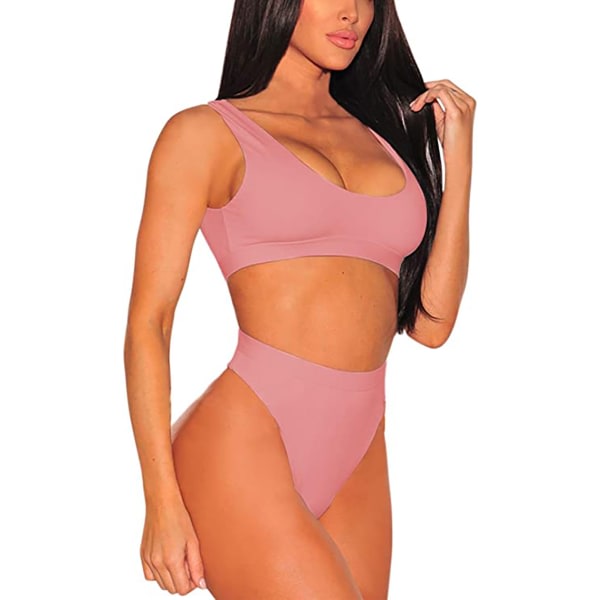 CDQ 2-delad bikini med crop top og høj midja 01 - pink LCDQ