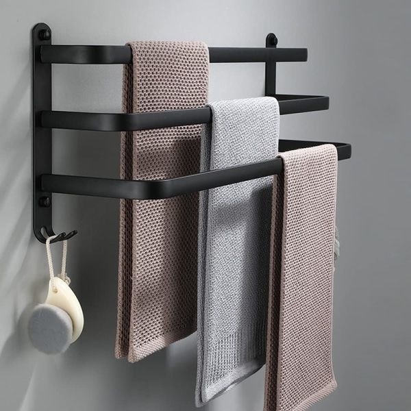 Vægmonteret håndklædeholder i aluminium - 3 lag - vandtæt - sort - 30 cm - til badeværelse, køkken, badeværelse - 30 cm