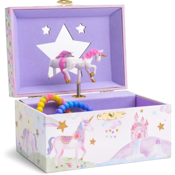Girl's Musical Smycken förvaringsbox med snurrande Enhörning, Glitter Rainbow och Stars Design