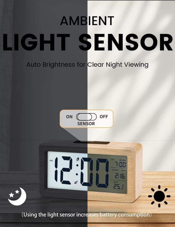 Digital Vækkeur i Træ med Baggrundsbelyst LCD, Temperaturvisning, Snooze og Lyssensor til Soveværelsesnatbord, Beige