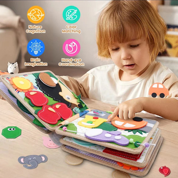Montessori Aktivitetsbok för Barn 1-3 år, Barns Aktivitetsbok i Filt, Tyst Bok, Förskoleinlärningsaktiviteter Pedagogisk Sensorisk Leksak för Barn, Present