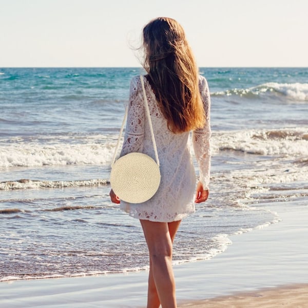 Rund halmväska Dam vävd strandväska Handgjord stickad handväska beige