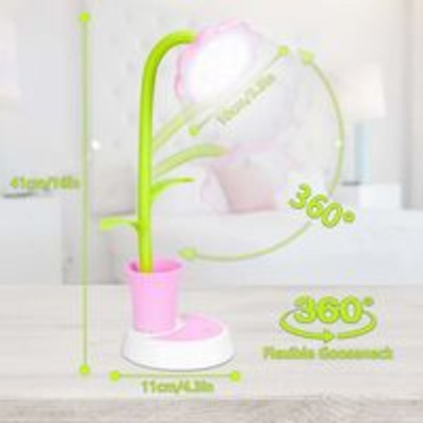 Bordslampa for barn, LED-bordslampa, peksensor dimbar sengelampa, ögonläslampa med pennholdere (rosa)